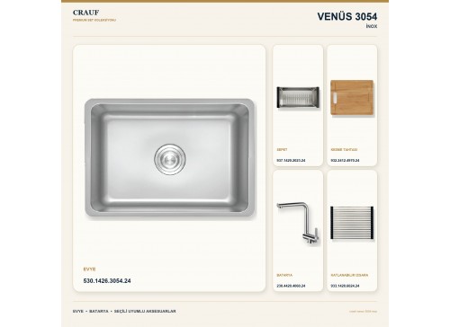 Crauf Venüs 3054 İnox 54×44 cm Evye + Pesce 4060 Çelik Batarya 5 Parça Premium Set