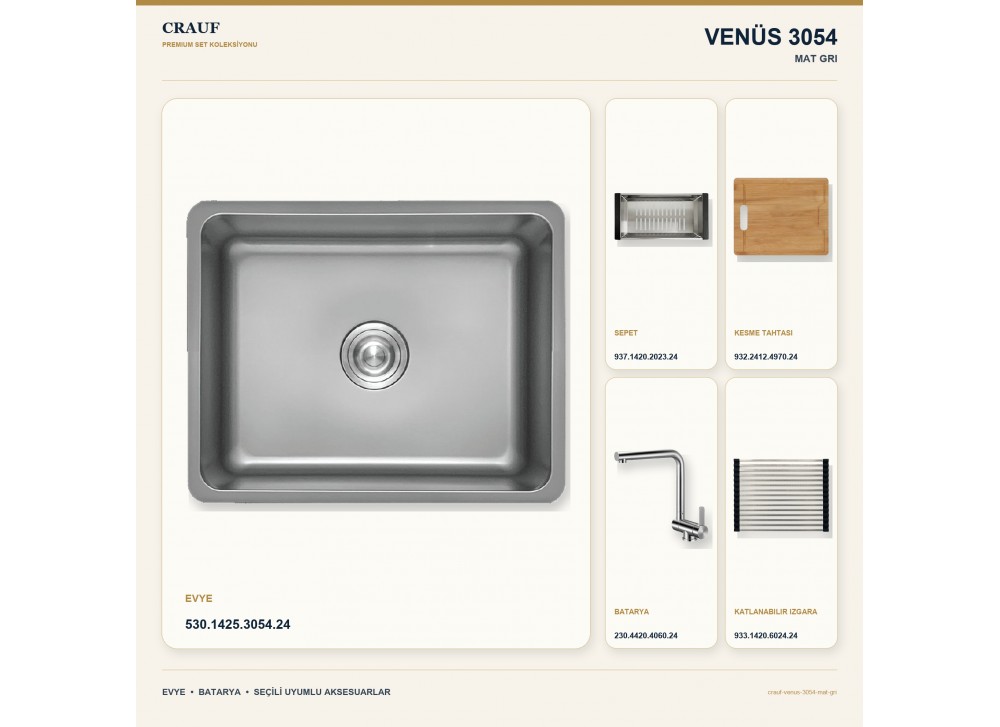 Crauf Venüs 3054 Mat Gri 54×44 cm Evye + Pesce 4060 Çelik Batarya 5 Parça Set Crauf Venüs 3054 Mat Gri 54×44 cm Evye + Pesce 4060 Çelik Batarya 5 Parça Set