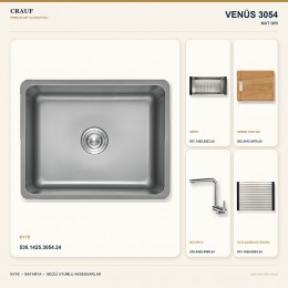 Crauf Venüs 3054 Mat Gri 54×44 cm Evye + Pesce 4060 Çelik Batarya 5 Parça Set