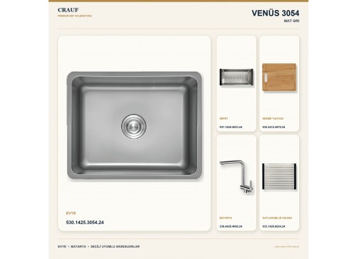 Crauf Venüs 3054 Mat Gri 54×44 cm Evye + Pesce 4060 Çelik Batarya 5 Parça Set