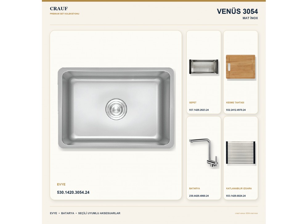 Crauf Venüs 3054 Mat İnox 54×44 cm Evye + Pesce 4060 Çelik Batarya 5 Parça Premium Set Crauf Venüs 3054 Mat İnox 54×44 cm Evye + Pesce 4060 Çelik Batarya 5 Parça Premium Set