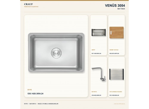 Crauf Venüs 3054 Mat İnox 54×44 cm Evye + Pesce 4060 Çelik Batarya 5 Parça Premium Set