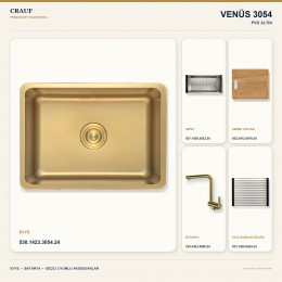 Crauf Venüs 3054 PVD Altın 54×44 cm Evye + Pesce 4060 PVD Altın Batarya 5 Parça Premium Set