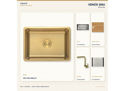 Crauf Venüs 3054 PVD Altın 54×44 cm Evye + Pesce 4060 PVD Altın Batarya 5 Parça Premium Set