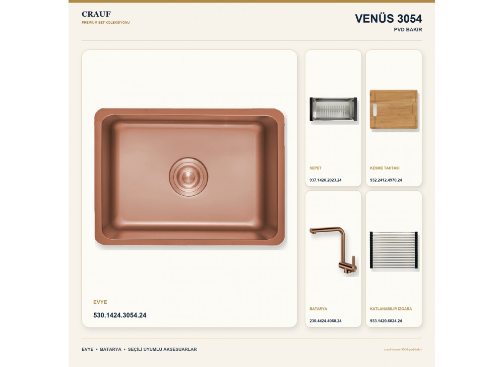 Crauf Venüs 3054 PVD Bakır 54×44 cm Evye + Pesce 4060 PVD Bakır Batarya 5 Parça Premium Set