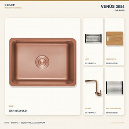 Crauf Venüs 3054 PVD Bakır 54×44 cm Evye + Pesce 4060 PVD Bakır Batarya 5 Parça Premium Set