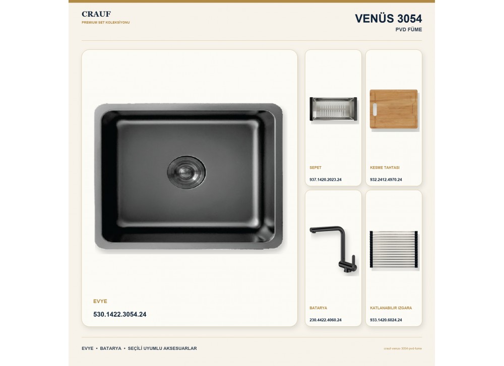Crauf Venüs 3054 PVD Füme 54×44 cm Evye + Pesce 4060 PVD Füme Batarya 5 Parça Premium Set Crauf Venüs 3054 PVD Füme 54×44 cm Evye + Pesce 4060 PVD Füme Batarya 5 Parça Premium Set