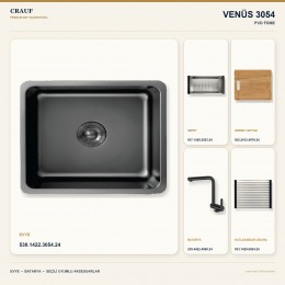 Crauf Venüs 3054 PVD Füme 54×44 cm Evye + Pesce 4060 PVD Füme Batarya 5 Parça Premium Set