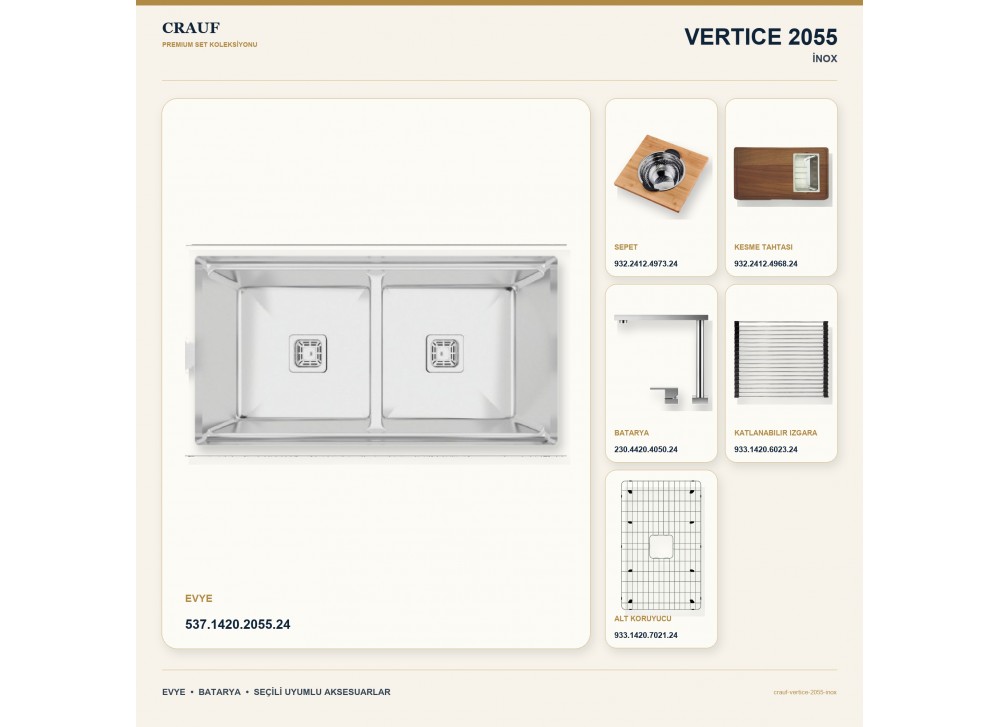Crauf Vertice 2055 İnox 91,4×48,2 cm Evye + Vertice 4050 Çelik Batarya 6 Parça Premium Set Crauf Vertice 2055 İnox 91,4×48,2 cm Evye + Vertice 4050 Çelik Batarya 6 Parça Premium Set