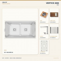 Crauf Vertice 2055 İnox 91,4×48,2 cm Evye + Vertice 4050 Çelik Batarya 6 Parça Premium Set