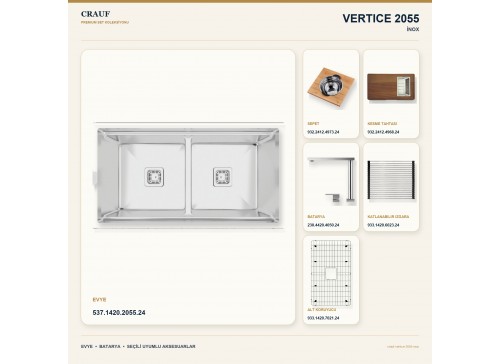 Crauf Vertice 2055 İnox 91,4×48,2 cm Evye + Vertice 4050 Çelik Batarya 6 Parça Premium Set