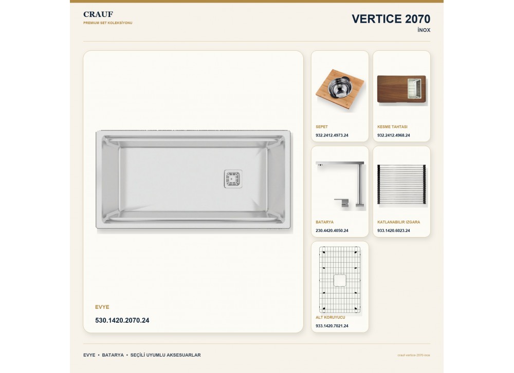 Crauf Vertice 2070 İnox 101,6×50,8 cm Evye + Vertice 4050 Çelik Batarya 6 Parça Premium Set Crauf Vertice 2070 İnox 101,6×50,8 cm Evye + Vertice 4050 Çelik Batarya 6 Parça Premium Set