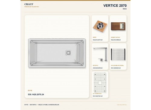 Crauf Vertice 2070 İnox 101,6×50,8 cm Evye + Vertice 4050 Çelik Batarya 6 Parça Premium Set