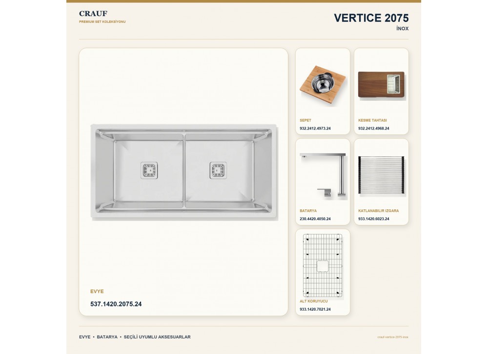 Crauf Vertice 2075 İnox 101,6×50,8 cm Evye + Vertice 4050 Çelik Batarya 6 Parça Premium Set Crauf Vertice 2075 İnox 101,6×50,8 cm Evye + Vertice 4050 Çelik Batarya 6 Parça Premium Set