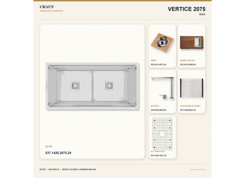Crauf Vertice 2075 İnox 101,6×50,8 cm Evye + Vertice 4050 Çelik Batarya 6 Parça Premium Set
