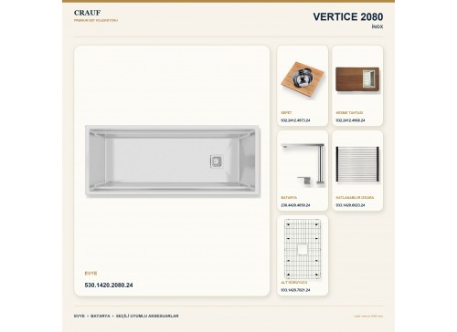 Crauf Vertice 2080 İnox 127×48,2 cm Evye + Vertice 4050 Çelik Batarya 6 Parça Premium Set