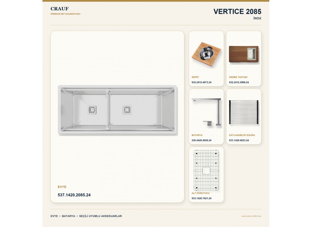 Crauf Vertice 2085 İnox 127×48,2 cm Evye + Vertice 4050 Çelik Batarya 6 Parça Premium Set Crauf Vertice 2085 İnox 127×48,2 cm Evye + Vertice 4050 Çelik Batarya 6 Parça Premium Set