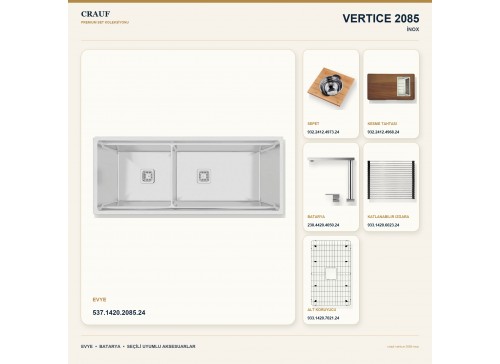 Crauf Vertice 2085 İnox 127×48,2 cm Evye + Vertice 4050 Çelik Batarya 6 Parça Premium Set