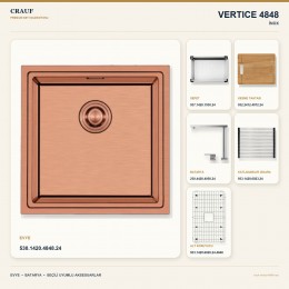 Crauf Vertice 4848 İnox 48×48 cm Evye + Vertice 4050 Çelik Batarya 6 Parça Premium Set
