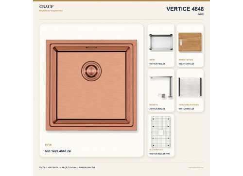 Crauf Vertice 4848 İnox 48×48 cm Evye + Vertice 4050 Çelik Batarya 6 Parça Premium Set