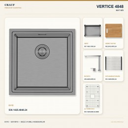 Crauf Vertice 4848 Mat Gri 48×48 cm Evye + Vertice 4050 Çelik (Mat Gri evye için nötr alternatif) Batarya 6 Parça Set