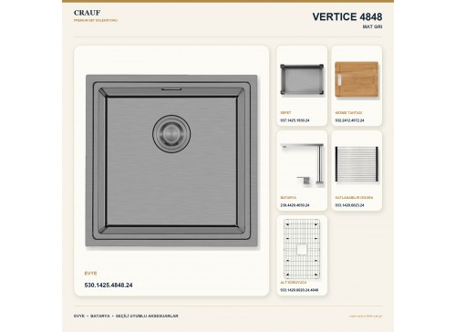 Crauf Vertice 4848 Mat Gri 48×48 cm Evye + Vertice 4050 Çelik (Mat Gri evye için nötr alternatif) Batarya 6 Parça Set