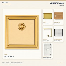 Crauf Vertice 4848 PVD Altın 48×48 cm Evye + Vertice 4050 PVD Altın Batarya 6 Parça Premium Set