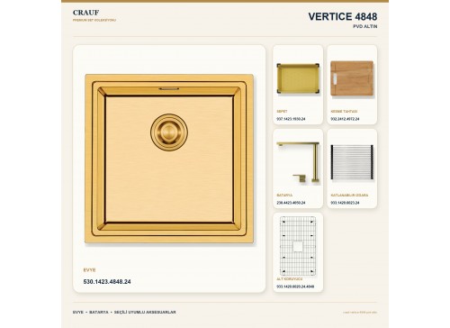 Crauf Vertice 4848 PVD Altın 48×48 cm Evye + Vertice 4050 PVD Altın Batarya 6 Parça Premium Set