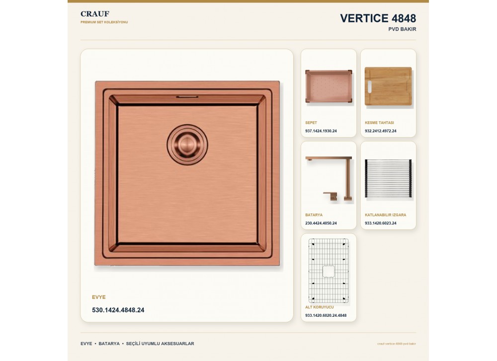 Crauf Vertice 4848 PVD Bakır 48×48 cm Evye + Vertice 4050 PVD Bakır Batarya 6 Parça Premium Set Crauf Vertice 4848 PVD Bakır 48×48 cm Evye + Vertice 4050 PVD Bakır Batarya 6 Parça Premium Set