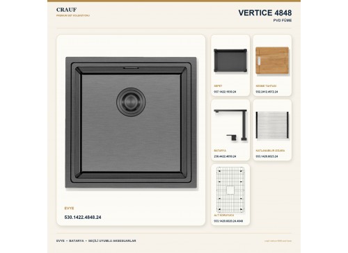 Crauf Vertice 4848 PVD Füme 48×48 cm Evye + Vertice 4050 PVD Füme Batarya 6 Parça Premium Set