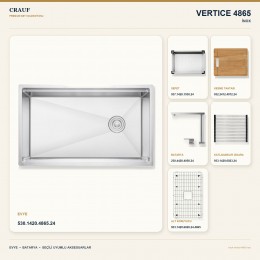 Crauf Vertice 4865 İnox 65×48 cm Evye + Vertice 4050 Çelik Batarya 6 Parça Premium Set