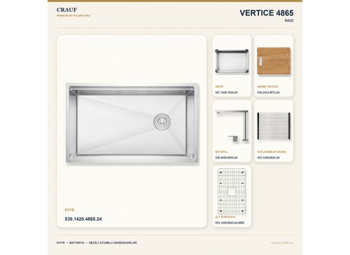 Crauf Vertice 4865 İnox 65×48 cm Evye + Vertice 4050 Çelik Batarya 6 Parça Premium Set