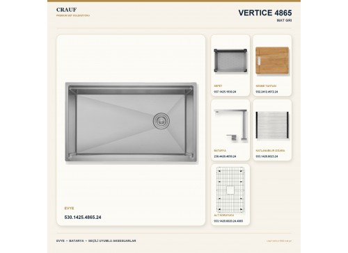 Crauf Vertice 4865 Mat Gri 65×48 cm Evye + Vertice 4050 Çelik (Mat Gri evye için nötr alternatif) Batarya 6 Parça Set
