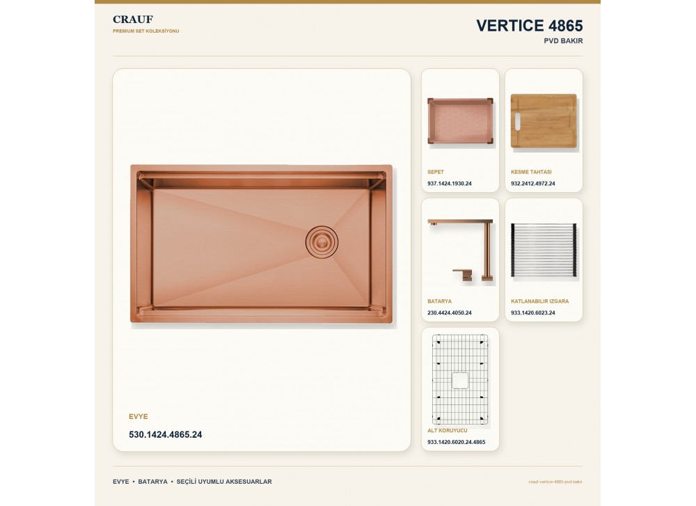 Crauf Vertice 4865 PVD Bakır 65×48 cm Evye + Vertice 4050 PVD Bakır Batarya 6 Parça Premium Set Crauf Vertice 4865 PVD Bakır 65×48 cm Evye + Vertice 4050 PVD Bakır Batarya 6 Parça Premium Set