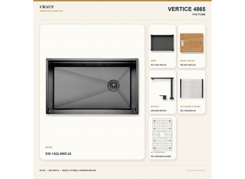 Crauf Vertice 4865 PVD Füme 65×48 cm Evye + Vertice 4050 PVD Füme Batarya 6 Parça Premium Set