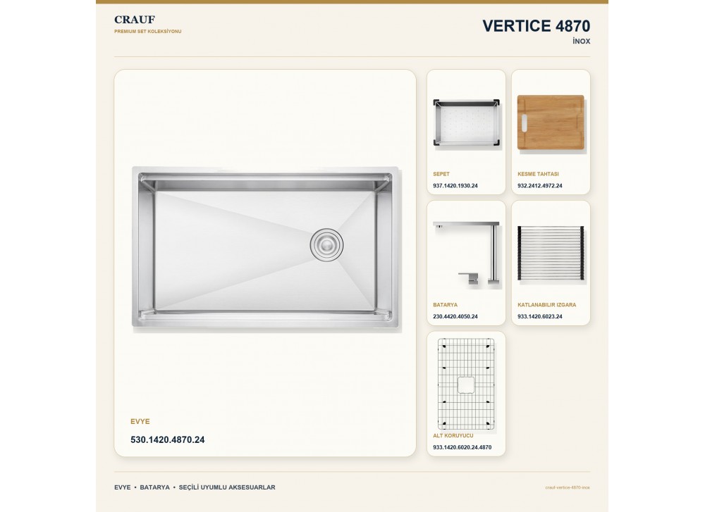 Crauf Vertice 4870 İnox 70×48 cm Evye + Vertice 4050 Çelik Batarya 6 Parça Premium Set Crauf Vertice 4870 İnox 70×48 cm Evye + Vertice 4050 Çelik Batarya 6 Parça Premium Set