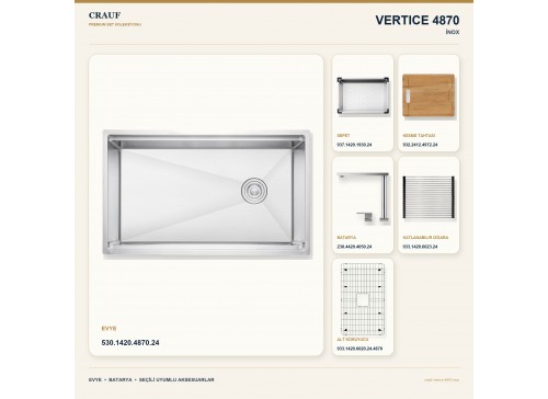 Crauf Vertice 4870 İnox 70×48 cm Evye + Vertice 4050 Çelik Batarya 6 Parça Premium Set