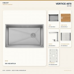 Crauf Vertice 4870 Mat Gri 70×48 cm Evye + Vertice 4050 Çelik (Mat Gri evye için nötr alternatif) Batarya 6 Parça Set