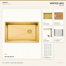 Crauf Vertice 4870 PVD Altın 70×48 cm Evye + Vertice 4050 PVD Altın Batarya 6 Parça Premium Set