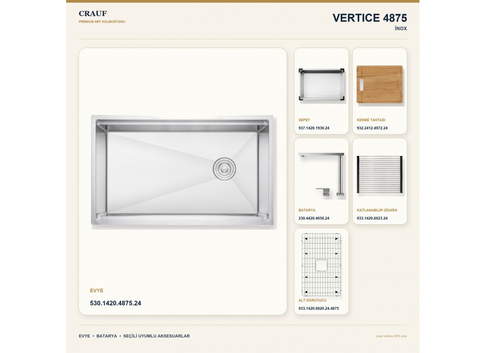 Crauf Vertice 4875 İnox 75×48 cm Evye + Vertice 4050 Çelik Batarya 6 Parça Premium Set Crauf Vertice 4875 İnox 75×48 cm Evye + Vertice 4050 Çelik Batarya 6 Parça Premium Set