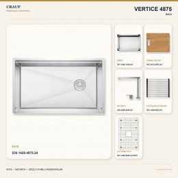 Crauf Vertice 4875 İnox 75×48 cm Evye + Vertice 4050 Çelik Batarya 6 Parça Premium Set