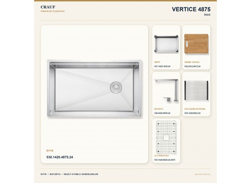 Crauf Vertice 4875 İnox 75×48 cm Evye + Vertice 4050 Çelik Batarya 6 Parça Premium Set