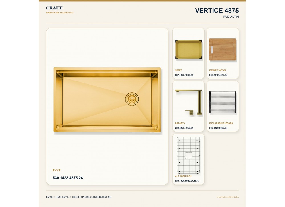 Crauf Vertice 4875 PVD Altın 75×48 cm Evye + Vertice 4050 PVD Altın Batarya 6 Parça Premium Set Crauf Vertice 4875 PVD Altın 75×48 cm Evye + Vertice 4050 PVD Altın Batarya 6 Parça Premium Set