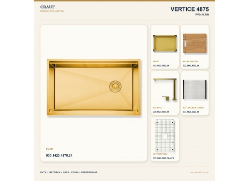 Crauf Vertice 4875 PVD Altın 75×48 cm Evye + Vertice 4050 PVD Altın Batarya 6 Parça Premium Set