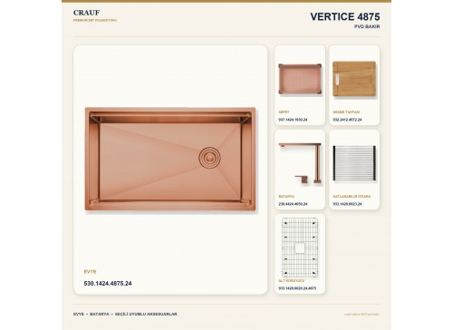 Crauf Vertice 4875 PVD Bakır 75×48 cm Evye + Vertice 4050 PVD Bakır Batarya 6 Parça Premium Set
