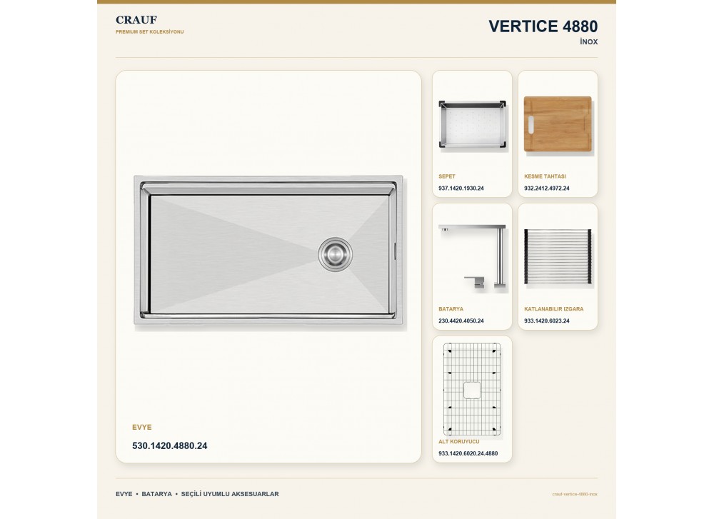 Crauf Vertice 4880 İnox 80×48 cm Evye + Vertice 4050 Çelik Batarya 6 Parça Premium Set Crauf Vertice 4880 İnox 80×48 cm Evye + Vertice 4050 Çelik Batarya 6 Parça Premium Set