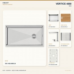 Crauf Vertice 4880 İnox 80×48 cm Evye + Vertice 4050 Çelik Batarya 6 Parça Premium Set