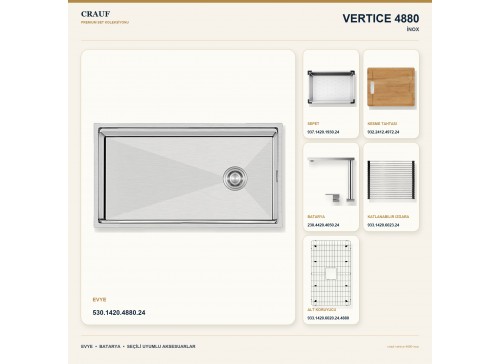 Crauf Vertice 4880 İnox 80×48 cm Evye + Vertice 4050 Çelik Batarya 6 Parça Premium Set