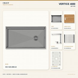 Crauf Vertice 4880 Mat Gri 80×48 cm Evye + Vertice 4050 Çelik (Mat Gri evye için nötr alternatif) Batarya 6 Parça Set