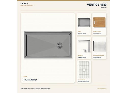 Crauf Vertice 4880 Mat Gri 80×48 cm Evye + Vertice 4050 Çelik (Mat Gri evye için nötr alternatif) Batarya 6 Parça Set